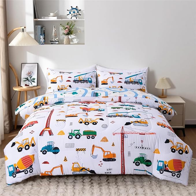 NTBED 5 Pieces Construction Truck Full Comforter Set for Boys Kids Building Vehicles Excavator Lightweight Microfiber Bedding Sets
