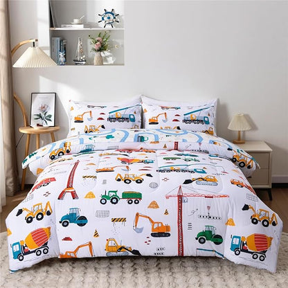 NTBED 5 Pieces Construction Truck Full Comforter Set for Boys Kids Building Vehicles Excavator Lightweight Microfiber Bedding Sets