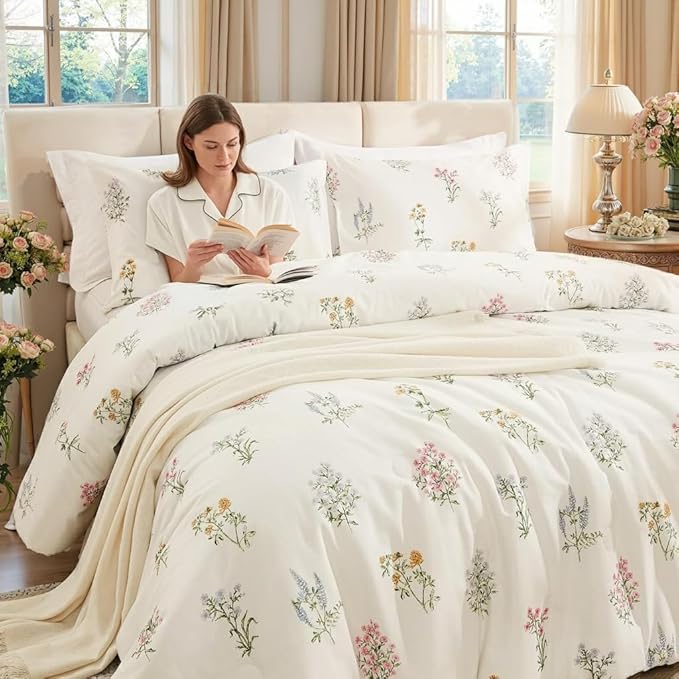 100% Washed Cotton Duvet Cover Twin Size - Linen Like Reversible Durable Soft Floral Duvet Cover Sets, 2 Pieces White Comforter Cover with Zipper Closure