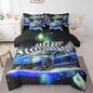 Feelyou Blue Racing Car 7 Piece Bedding Set Full Size Extreme Sport Comforter Set with Sheets for Kids Boys Girls Teens Toddler Fast and Furious Bed in a Bag Black White Flag Bed Set