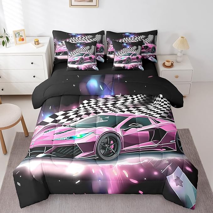 Feelyou Pink Racing Car 7 Piece Bedding Set Queen Size Extreme Sport Comforter Set with Sheets for Kids Boys Girls Teens Toddler Fast and Furious Bed in a Bag Black White Flag Bed Set