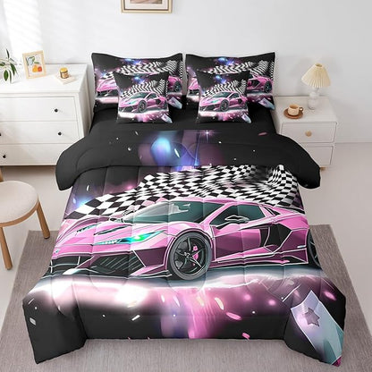 Feelyou Pink Racing Car 7 Piece Bedding Set Twin Size Extreme Sport Comforter Set with Sheets for Kids Boys Girls Teens Toddler Fast and Furious Bed in a Bag Black White Flag Bed Set