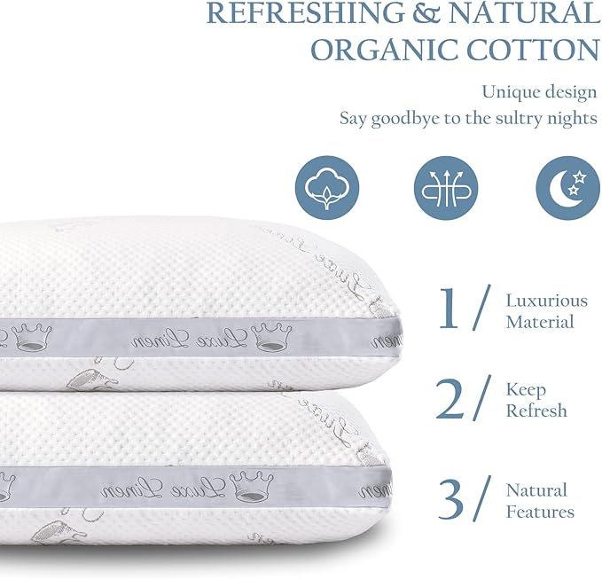 Organic Cotton King Size Pillows, Shredded Memory Foam Pillows, Adjustable Bed Pillow for Sleeping, 20"x36"Organic Cotton Bed Pillows for Side, Back, Stomach Sleepers（Pack of 1）