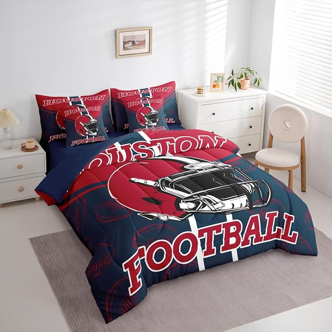 Feelyou Football Comforter Set with Sheets 7 Piece Queen Size Ball Games Bed in a Bag Kids Boys Girls Rugby Bedding Set City of Footballs Bedroom Decor Rugby Sports