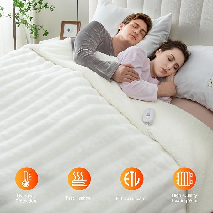 Heated Blanket Electric Queen- 84"x90" Soft Thick Faux Fur Electric Blanket for Sofa with 5 Heat Levels & 10 Hours Auto-Off Overheat Protection, Warm Cozy Gifts, Cream
