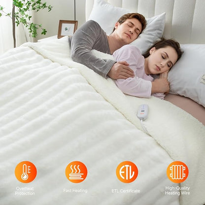 Heated Blanket Electric Queen- 84"x90" Soft Thick Faux Fur Electric Blanket for Sofa with 5 Heat Levels & 10 Hours Auto-Off Overheat Protection, Warm Cozy Gifts, Cream