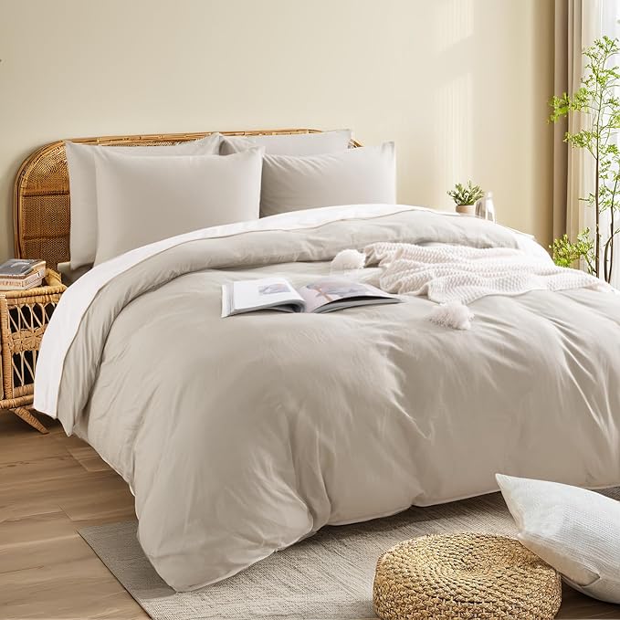 NEXHOME PRO Queen Duvet Cover Set – 100% Certified Organic Cotton with Washed Feel & Linen-Like Texture, Comfortable & Breathable, Home Bedding Set Light Linen (No Comforter)