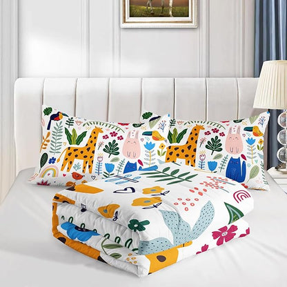 Kids Cute Cat Comforter Set Full Size 3Pcs Cartoon Pet Rainbow Giraffe Fishing Bedding Set Lovely Animal Parrot Flower Quilt Bed Set for Children Girls Boys Room Decor
