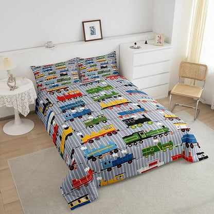 Erosebridal Boys Comforter Set Toddler Size Train Bedding, Colorful Steam Engine Truck Bedding Comforter Sets for Kids Girls Toddler Train Transportation Quilted Duvet 2Pcs,Gray, Blue, Red, Yellow