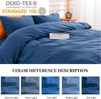 NEXHOME PRO Duvet Cover Set 100% Washed Cotton Oversized King 120"x98" Linen Feel Textured Organic 3 Pieces Bedding Set with Zipper Closure and Corner Ties, Breathable (Navy Blue, No Comforter)