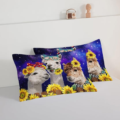 HOSIMA Funny Llama Comforter Set,Alpacas Bedding Sets Animal Theme Room Decor.Soft Microfiber Star Galaxy Sunflower Bed in a Bag Queen Comforter Set for Boys Girls Teens Dorm Room Essentials.