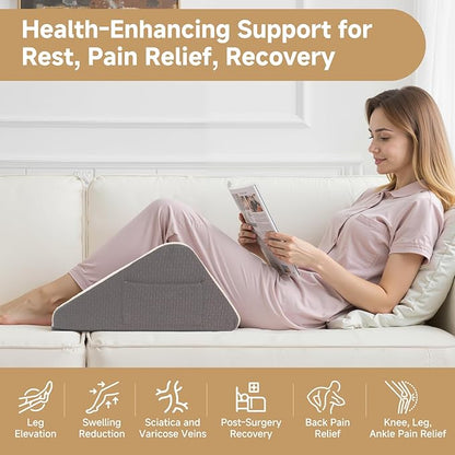 Knee Wedge Pillow for After Surgery, Leg Elevation Pillow for Knees Ankles Hip Back Pain Relief, 8" Triangle Leg Pillow for Swelling Blood Circulation, Knee Pillow for Sleeping, Washable Cover, Grey