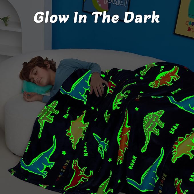 QSTEHEML Dinosaur Glow in The Dark Blanket,Dinosaur Gifts Toys for Boys Age 3 4 5 6 7 8 9 10 11 12 Year Old, Soft Throw Blanket for Kids Boys- Christmas Birthday Bedroom Decor 50"×60"