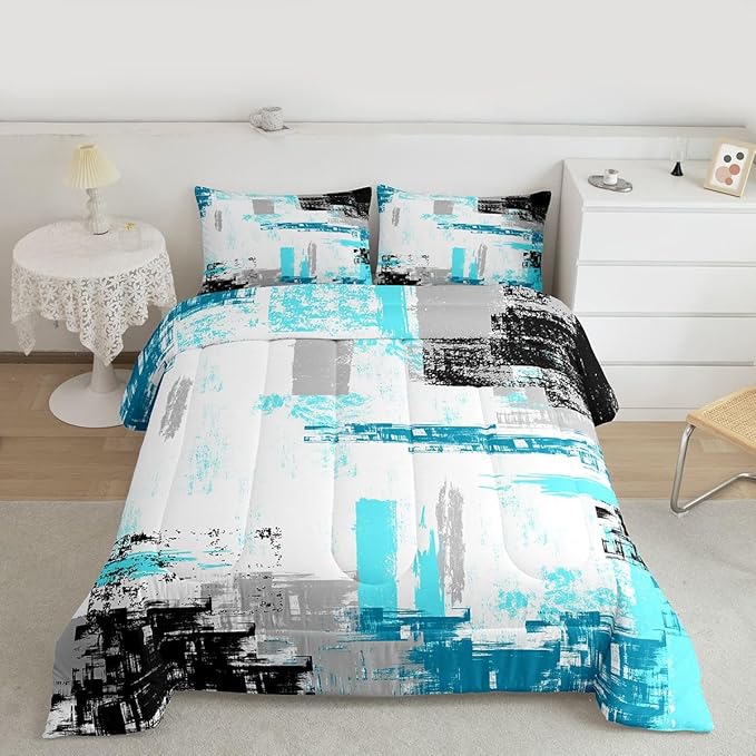 Feelyou Abstract Comforter Set for Girls Boys Kids Modern Abstract Art Comforter Room Decorative Teal Blue White Black Bedding Set Luxury Duvet Set King Size 3Pcs Comforter Inner Fill