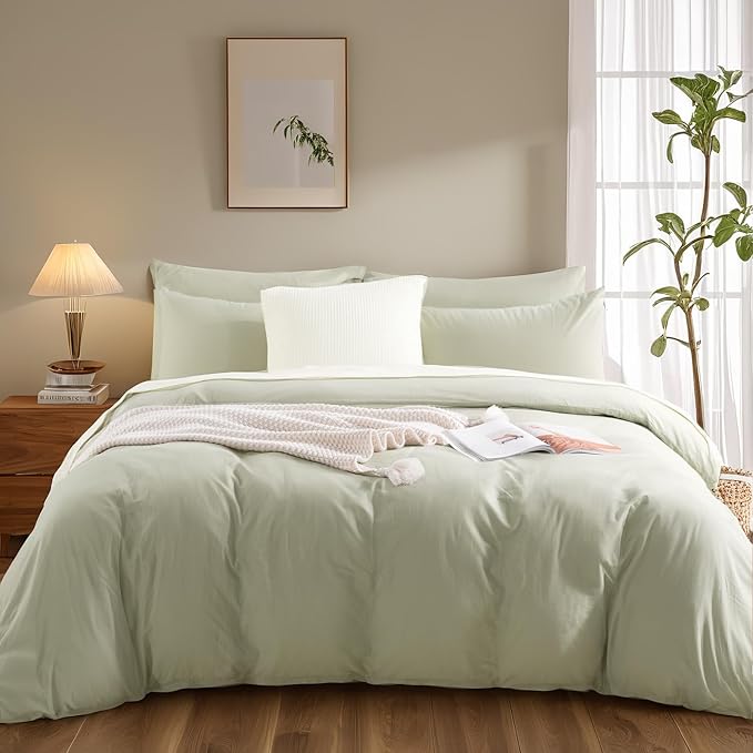 NEXHOME PRO Queen Duvet Cover Set – 100% Certified Organic Cotton with Washed Feel & Linen-Like Texture, Comfortable & Breathable, Home Bedding Set Sage Green (No Comforter)
