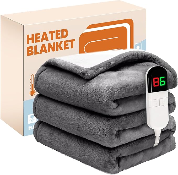 Electric Heated Blanket,Flannel & Sherpa Fast Heating Soft Fleece Heated Twin Blanket 62"x84" with 6 Heating Levels & 10H Auto Off - Light Grey