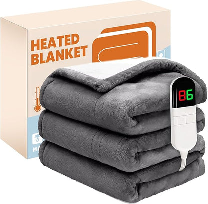 Electric Heated Blanket,Flannel & Sherpa Fast Heating Soft Fleece Heated Twin Blanket 62"x84" with 6 Heating Levels & 10H Auto Off - Light Grey