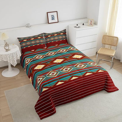 Feelyou Southwestern Bedding Set Geometric Comforter Set for Kids Girls Room Decor Tribal Comforter Toddler Size Native American Design Red Yellow Duvet Set 2Pcs