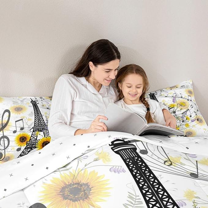 Feelyou Eiffel Tower Kids Comforter Set Cute Sunflower Bed Sheet Set for Boys Children Teens Bedroom Decor Paris Tower Bedding Set Set Floral Music Themed Bed Cover Queen Size with 3 Pillow Case