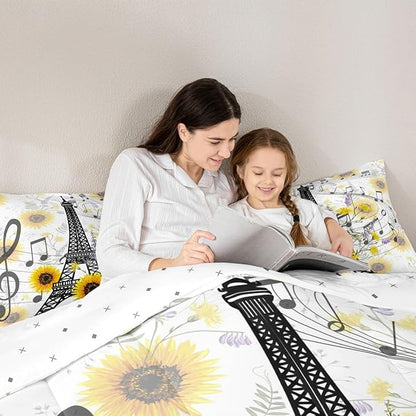 Feelyou Eiffel Tower Kids Comforter Set Cute Sunflower Bed Sheet Set for Boys Children Teens Bedroom Decor Paris Tower Bedding Set Set Floral Music Themed Bed Cover Queen Size with 3 Pillow Case