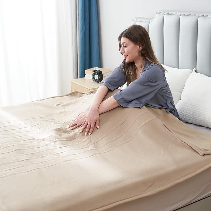 Electric Heated Blanket Full 72"x84", 4 Heating Levels & 10H Auto Shut Off, Soft Single-Side, Even Heat, Easy Care, Fleece Overheating Protection, Machine Washable, Light Brown