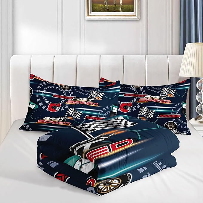 Cartoon Racing Comforter Set Extreme Sports Printed Bedding Set with 1 Comforter and 2 Pillowcases for Boys and Girls Bedroom All Season(Racing Full)