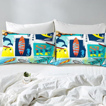 Surfing Sports Duvet Cover Twin Size,Colorful Surf Themed Graffiti Painting Comforter Cover Set for Kids Boys Girls,Surfboard Fish Stars Plaid Bedding Quilt Cover Set Bedroom Decor, 2 Pieces