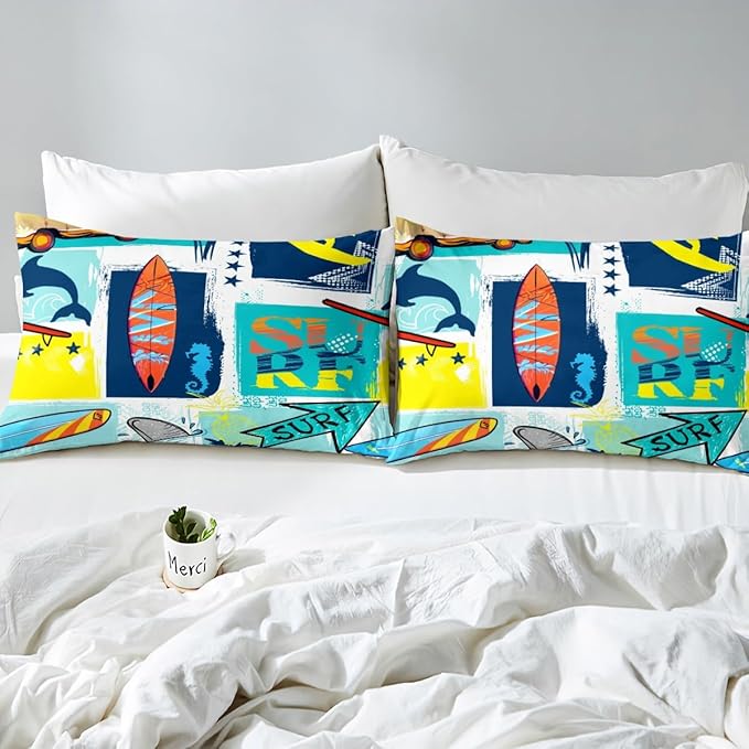 Surfing Sports Bedding Set Queen Size,Colorful Surf Themed Graffiti Painting Duvet Cover Set for Children Adult,Surfboard Fish Stars Plaid Soft Comforter Cover for Dorm Room, Zipper, Ties