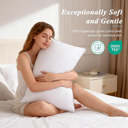 Bed Pillows King Size Set of 2-100% Cotton Cover, Down Alternative Gel Polyfill Filled, Flat Soft Medium Adjustable Hotel-Style Pillow Inserts, 20x36 Inch