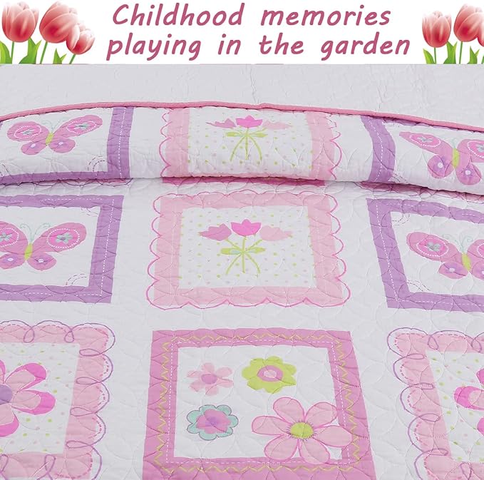Cozy Line Home Fashions 100% Cotton Pink Floral Print Girl Reversible Quilt Bedding Set, All Season Lightweight Coverlet, Bedspread (Butterfly Tulip, Twin-2 Piece)