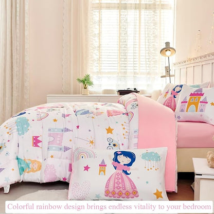 ANGIYUIN Princess Fairy Tales Full Comforter Set for Girls Cartoon Rainbow Love Kids Bed in A Bag with Sheets Cute and Soft Bedding Comforter Set for All Season(Princess, Rainbow, Castel, White)