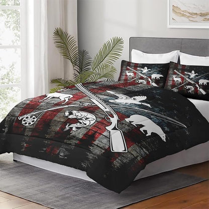 Full Size Comforter Set with 2 Pillowcase, Hunting Fishing Hunter Soft 3 Pcs Bedding for Kids and Adults, Vintage Animal Retro Comforter Set for Room Bedroom Bed Decor
