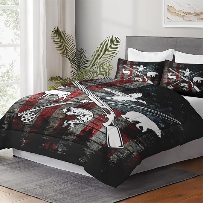 Twin Size Comforter Set with Pillowcase, Hunting Fishing Hunter Soft 2 Pcs Bedding for Kids and Adults, Vintage Animal Retro Comforter Set for Room Bedroom Bed Decor