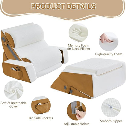 9PCS Wedge Pillow Set for After Surgery Recovery, Adjustable Memory Foam Neck Pillow, Foam Leg Pillow, Relieves Neck, Leg Pain, Sleep Apnea, and Functions as a Reading Pillow Brown