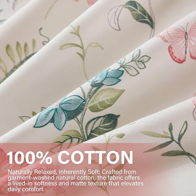 Duvet Cover King Size - 100% Nature Cotton Pink Floral Duvet Cover with Zipper Closure & Corner Ties,3pcs Soft & Breathable Pink Bedding Set with 2 Pillowcases 20"x36"
