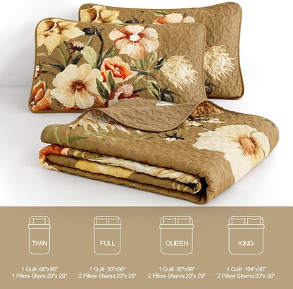 Drucon Brown Floral Quilt Set King Size 3 Pieces Brown Botanical Flower Quilt Coverlet Set Soft Microfiber Lightweight Quilted Bedspread for All Season 104"x90"