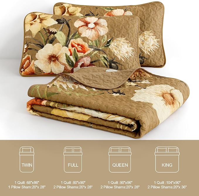 Drucon Brown Floral Quilt Set Queen Size 3 Pieces Brown Botanical Flower Quilt Coverlet Set Soft Microfiber Lightweight Quilted Bedspread for All Season 90"x96"