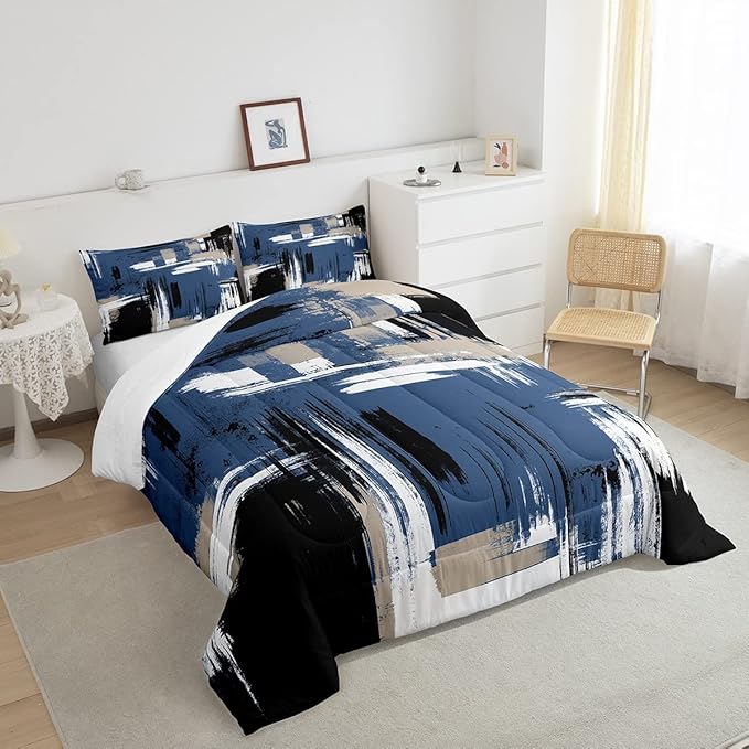 Feelyou Abstract Bedding Set Kids Modern Abstract Art Comforter Set Blue Black White Comforter for Boys Room Decor Lightweight Duvet Set Toddler Size with 1 Pillow Case