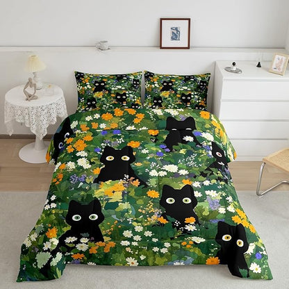 Castle Fairy Cute Cats Kids Comforter Set Twin Size,Watercolor Flowers Green Leaves Plant Reversible Bedding Sets for Teens Bedroom Decor,Black Kawaii Animal Oil Painting Quilted Duvet,1 Pillowcase