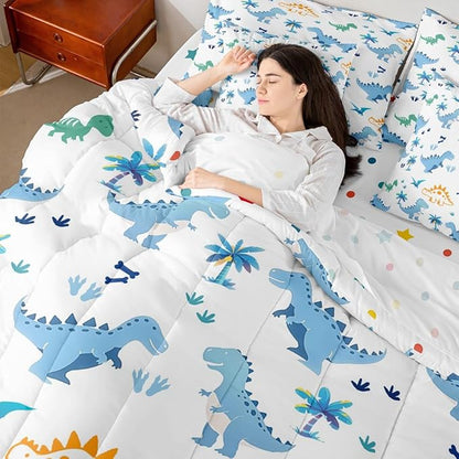 Feelyou Cute Dinosaur 7 Piece Bedding Set Blue Dinosaur Comforter Set with Sheets for Kids Boys Girls Coconut Palm Bed in a Bag Animal Theme Bed Set Soft Lightweight
