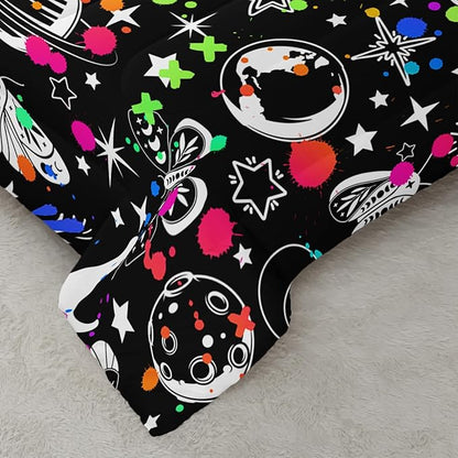 Cartoon Cosmic Planets Comforter Set for Kids, Butterfly and Moth Bedding Set with Colorful Spot Design, Star Pattern Black Comforter Bedroom Decoration Full Size