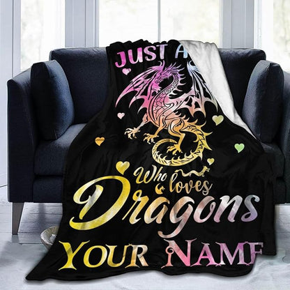 Custom Dragon Blanket with Name for Boys Girls, Personalized Cute Dragon Themed Design Printed Throw Blankets for Kids Lap, Chair Sofa, Giftable Blanket, 40"x 50"