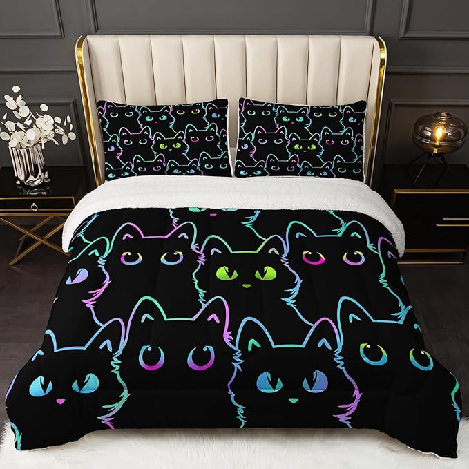 QOOMO Cartoon Cat Sherpa Plush Comforter Set, Full/Queen Size 3 Pieces Cute Animals Comforter Sets, Ultra Soft Cozy Fleece Bedding Set, Bed Sets for All Seasons with 1 Comforter 2 Pillowcases