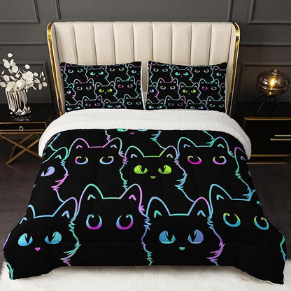 QOOMO Cartoon Cat Sherpa Plush Comforter Set, King Size 3 Pieces Cute Animals Comforter Sets, Ultra Soft Cozy Fleece Bedding Set, Comforter Bed Sets for All Seasons