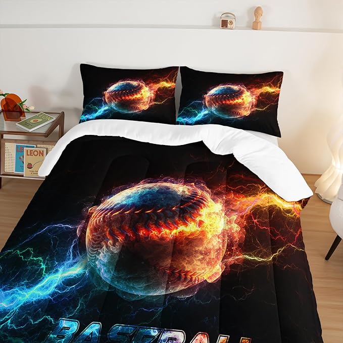 HOSIMA Baseball Comforter for Boys Girls Teens,Flame Lightning Full Size Bed in a Bag Sports Themed Bedroom Decor,Dorm Room Essentials for College Students Boys Soft Microfiber Black Comforter.