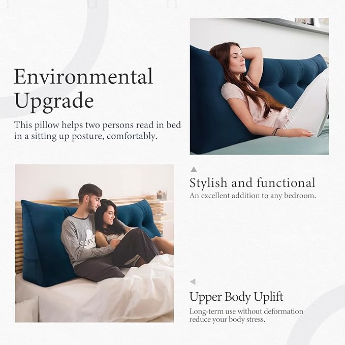 Triangle Headboard Pillow - 3 in 1 Large Bed Pillow as Wedge Reading Pillow, Large Couch Daybed Pillow or Positioning Support Backrest Back Cushion for Sitting in Bed Velvet Queen Deep Blue