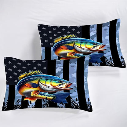 Camouflage Fisherman Comforter Set Twin Size Bedding Set for Men Boys Teens Grey Fishing Lover Bedroom Farmhouse American Flag Bed Set Wild Quilted,1 Comforter 1 Pillowcase