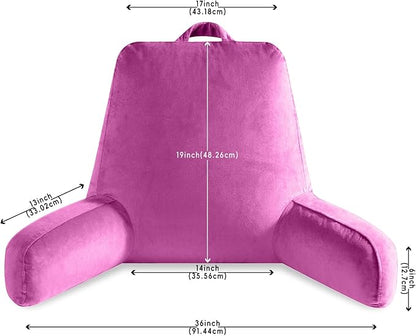 Reading Pillow for Sitting in Bed Adult, X-Large Reading Pillow with Shredded Memory Foam, Back Pillow for Sitting Up with Extend Arms, Pockets, Bed Pillow with Washable Cover, Rose Red