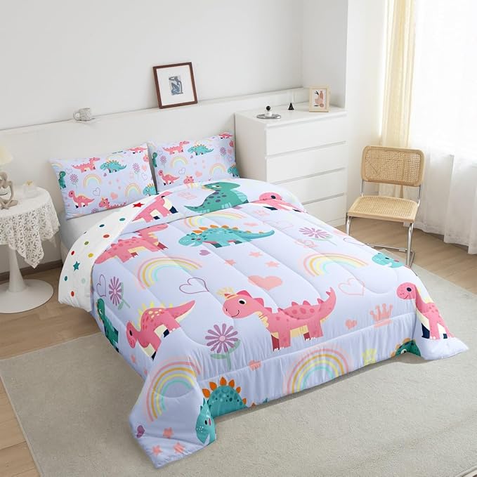 Kawaii Dino Kids Bedding Sets Cute Rainbow Floral Love Heart Reversible Comforter for Boys Blue Pink Dinosaur Lovely Animal Quilt Set Soft Duvet Insert,1 Pillowcase Toddler Size
