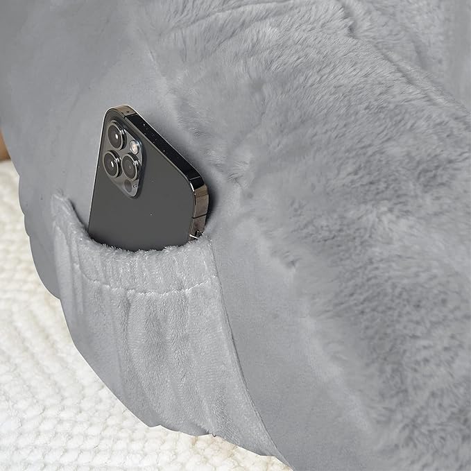 Plush Faux Fur Backrest Reading Bed Rest Pillow with Arms and Pockets for Sitting in Bed Couch Sofa, Back Support Wedge Cushion with Removable Cover, 20" x 18" x 17", Middle Gray